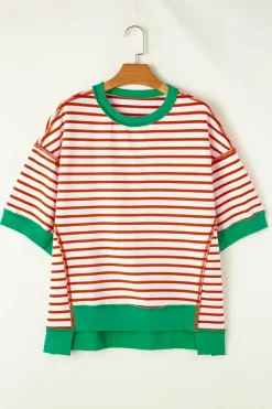 Best Dear-Lover Oversized Contrast Trim Exposed Seam High Low T Shirt Orange Stripe