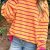 Fashion Dear-Lover Trimmed Round Neck Drop Shoulder Loose Sweater Orange Stripe