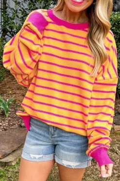 Fashion Dear-Lover Trimmed Round Neck Drop Shoulder Loose Sweater Orange Stripe