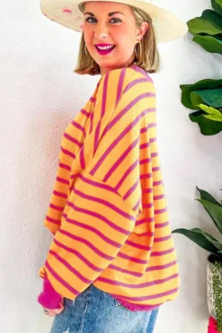 Fashion Dear-Lover Trimmed Round Neck Drop Shoulder Loose Sweater Orange Stripe