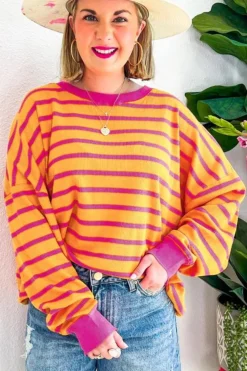 Fashion Dear-Lover Trimmed Round Neck Drop Shoulder Loose Sweater Orange Stripe