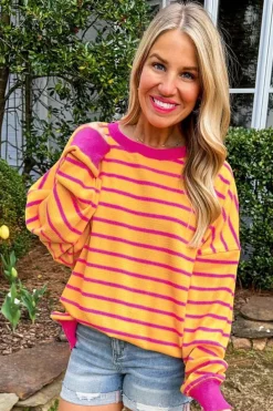 Fashion Dear-Lover Trimmed Round Neck Drop Shoulder Loose Sweater Orange Stripe