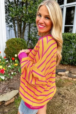 Fashion Dear-Lover Trimmed Round Neck Drop Shoulder Loose Sweater Orange Stripe