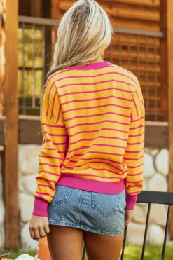 Fashion Dear-Lover Trimmed Round Neck Drop Shoulder Loose Sweater Orange Stripe
