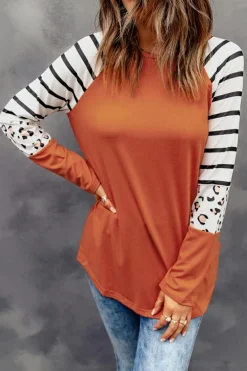 Hot Dear-Lover Striped Animal Print Colorblock Long Sleeve Top Orange