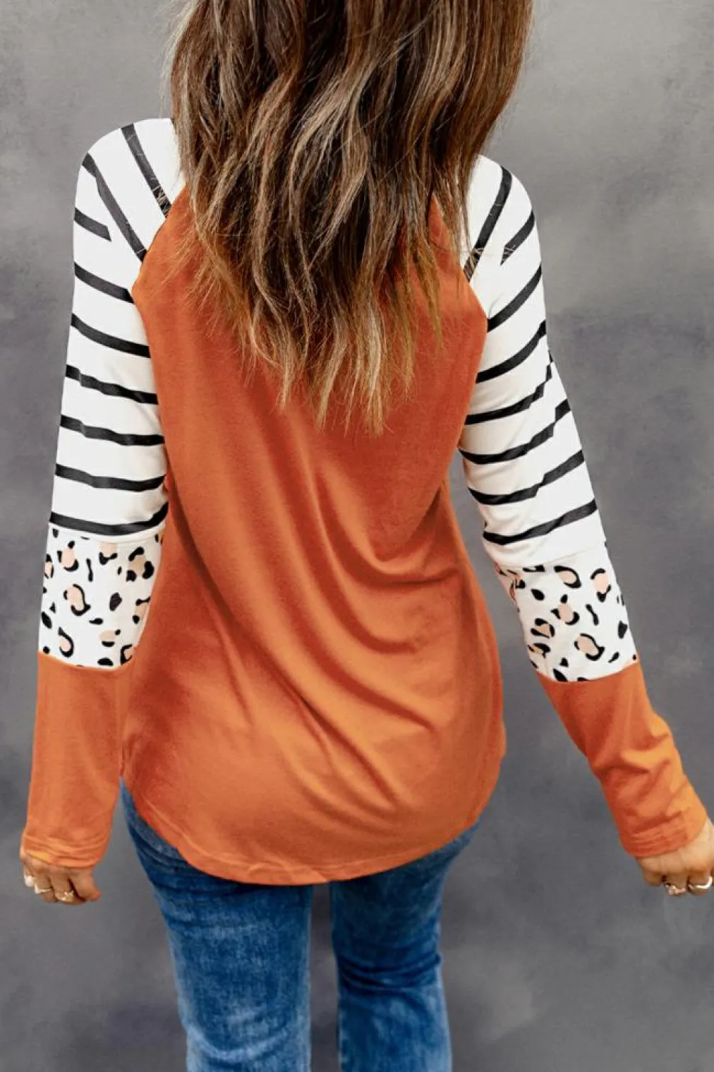 Hot Dear-Lover Striped Animal Print Colorblock Long Sleeve Top Orange