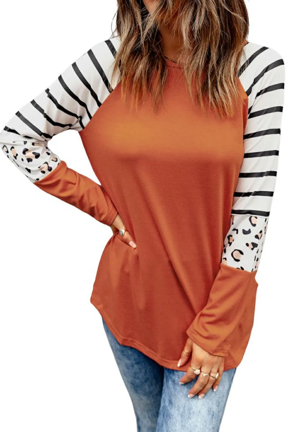 Hot Dear-Lover Striped Animal Print Colorblock Long Sleeve Top Orange