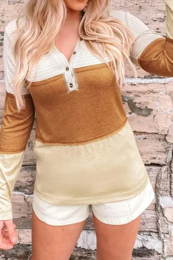 Clearance Dear-Lover Striped Color Block Henley Top Orange