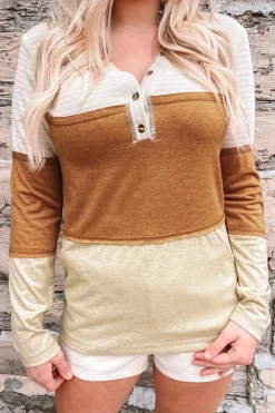 Clearance Dear-Lover Striped Color Block Henley Top Orange