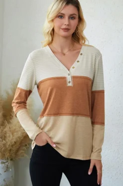 Clearance Dear-Lover Striped Color Block Henley Top Orange