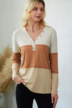 Clearance Dear-Lover Striped Color Block Henley Top Orange