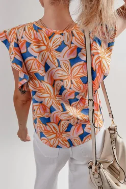 Online Dear-Lover Summer Flower Print Notched Neck Ruffle Sleeve Blouse Orange