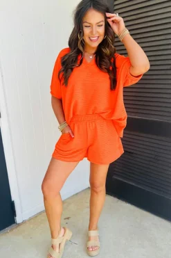 Best Dear-Lover Textured V Neck T Shirt and Shorts Set Orange
