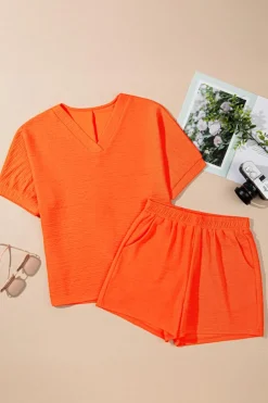 Best Dear-Lover Textured V Neck T Shirt and Shorts Set Orange