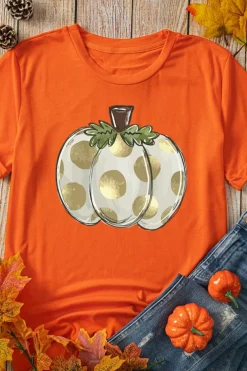 Sale Dear-Lover Thanksgiving Pumpkin Pattern Crew Neck Short Sleeve Top Orange
