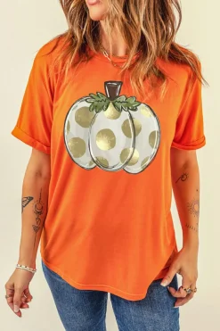 Sale Dear-Lover Thanksgiving Pumpkin Pattern Crew Neck Short Sleeve Top Orange