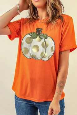 Sale Dear-Lover Thanksgiving Pumpkin Pattern Crew Neck Short Sleeve Top Orange