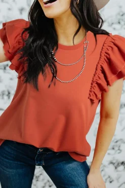 Fashion Dear-Lover Tiered Ruffled Sleeve Crew Neck T Shirt Orange