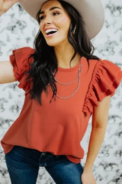 Fashion Dear-Lover Tiered Ruffled Sleeve Crew Neck T Shirt Orange