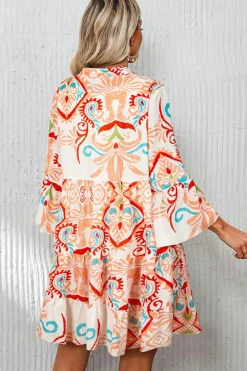 Clearance Dear-Lover Tribal Bracelet Sleeve Buttoned Mini Dress Orange