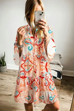 Clearance Dear-Lover Tribal Bracelet Sleeve Buttoned Mini Dress Orange