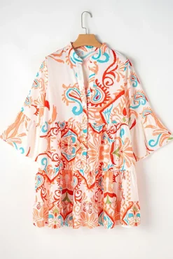 Clearance Dear-Lover Tribal Bracelet Sleeve Buttoned Mini Dress Orange