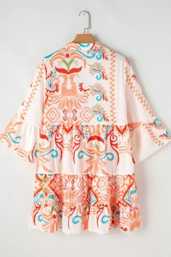Clearance Dear-Lover Tribal Bracelet Sleeve Buttoned Mini Dress Orange