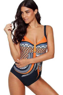 Outlet Dear-Lover Tribal Print One Piece Swimsuit Orange
