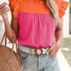 Outlet Dear-Lover Two Tone Ruffled Flutter Sleeve Blouse Orange