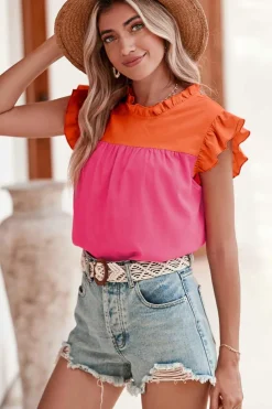 Outlet Dear-Lover Two Tone Ruffled Flutter Sleeve Blouse Orange