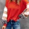 Hot Dear-Lover Orange V Neck Leopard Stripe Splice Lantern Sleeve Top Fiery Red