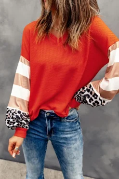 Hot Dear-Lover Orange V Neck Leopard Stripe Splice Lantern Sleeve Top Fiery Red