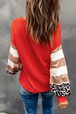 Hot Dear-Lover Orange V Neck Leopard Stripe Splice Lantern Sleeve Top Fiery Red
