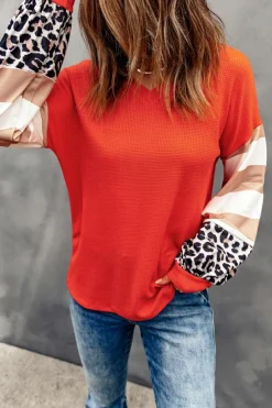 Hot Dear-Lover Orange V Neck Leopard Stripe Splice Lantern Sleeve Top Fiery Red