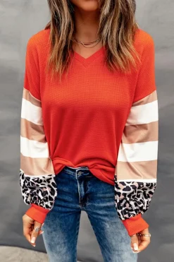 Hot Dear-Lover Orange V Neck Leopard Stripe Splice Lantern Sleeve Top Fiery Red