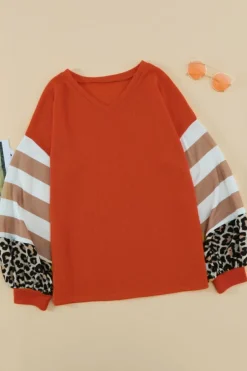 Hot Dear-Lover Orange V Neck Leopard Stripe Splice Lantern Sleeve Top Fiery Red
