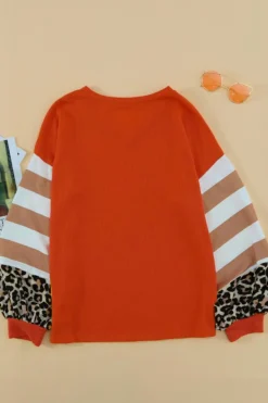 Hot Dear-Lover Orange V Neck Leopard Stripe Splice Lantern Sleeve Top Fiery Red