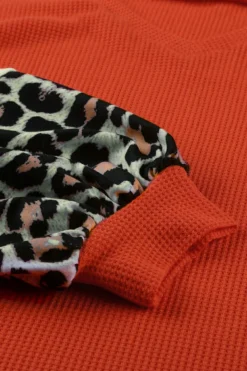 Hot Dear-Lover Orange V Neck Leopard Stripe Splice Lantern Sleeve Top Fiery Red