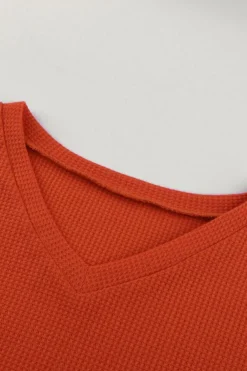 Hot Dear-Lover Orange V Neck Leopard Stripe Splice Lantern Sleeve Top Fiery Red