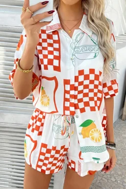 Hot Dear-Lover Vacation Printed Loose Shirt and Drawstring Shorts Set Orange