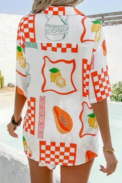 Hot Dear-Lover Vacation Printed Loose Shirt and Drawstring Shorts Set Orange