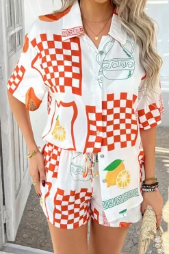 Hot Dear-Lover Vacation Printed Loose Shirt and Drawstring Shorts Set Orange