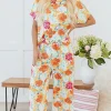 New Dear-Lover Vibrant Floral Printed Short Sleeve Top 2 Piece Pants Set Orange