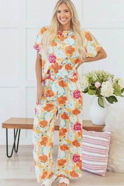 New Dear-Lover Vibrant Floral Printed Short Sleeve Top 2 Piece Pants Set Orange