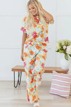 New Dear-Lover Vibrant Floral Printed Short Sleeve Top 2 Piece Pants Set Orange