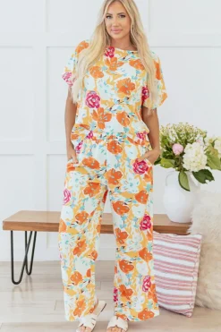 New Dear-Lover Vibrant Floral Printed Short Sleeve Top 2 Piece Pants Set Orange