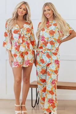 New Dear-Lover Vibrant Floral Printed Short Sleeve Top 2 Piece Pants Set Orange
