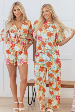New Dear-Lover Vibrant Floral Printed Short Sleeve Top 2 Piece Pants Set Orange