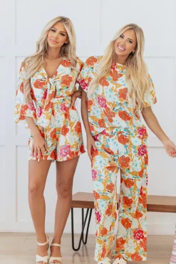 New Dear-Lover Vibrant Floral Printed Short Sleeve Top 2 Piece Pants Set Orange
