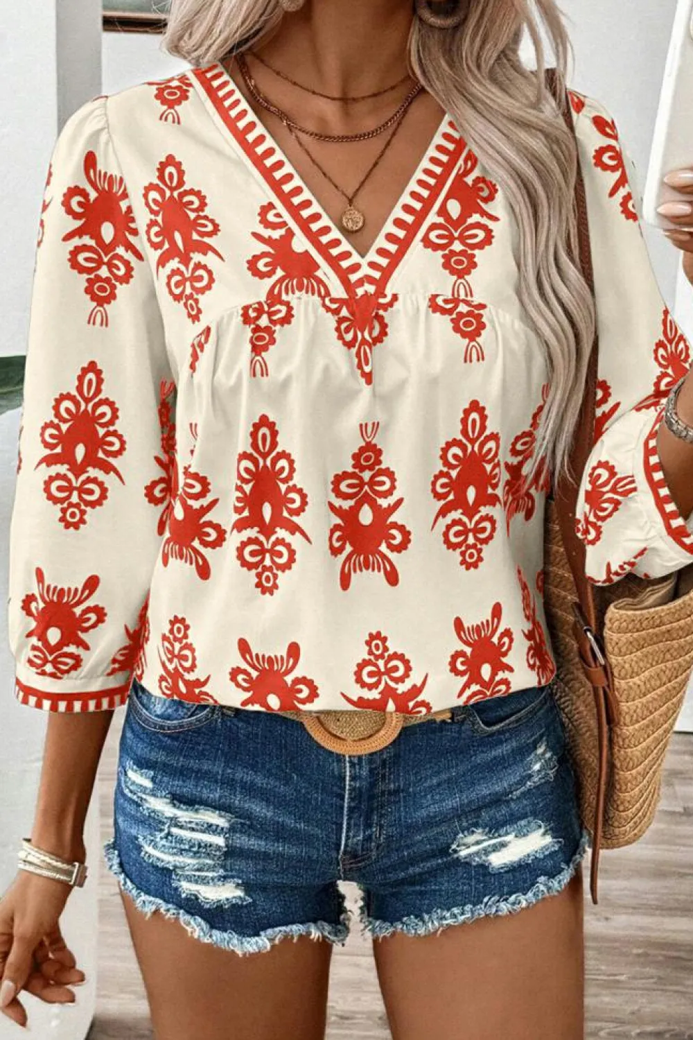 Online Dear-Lover Vintage Geometric Printed 3/4 Sleeve V Neck Blouse Orange